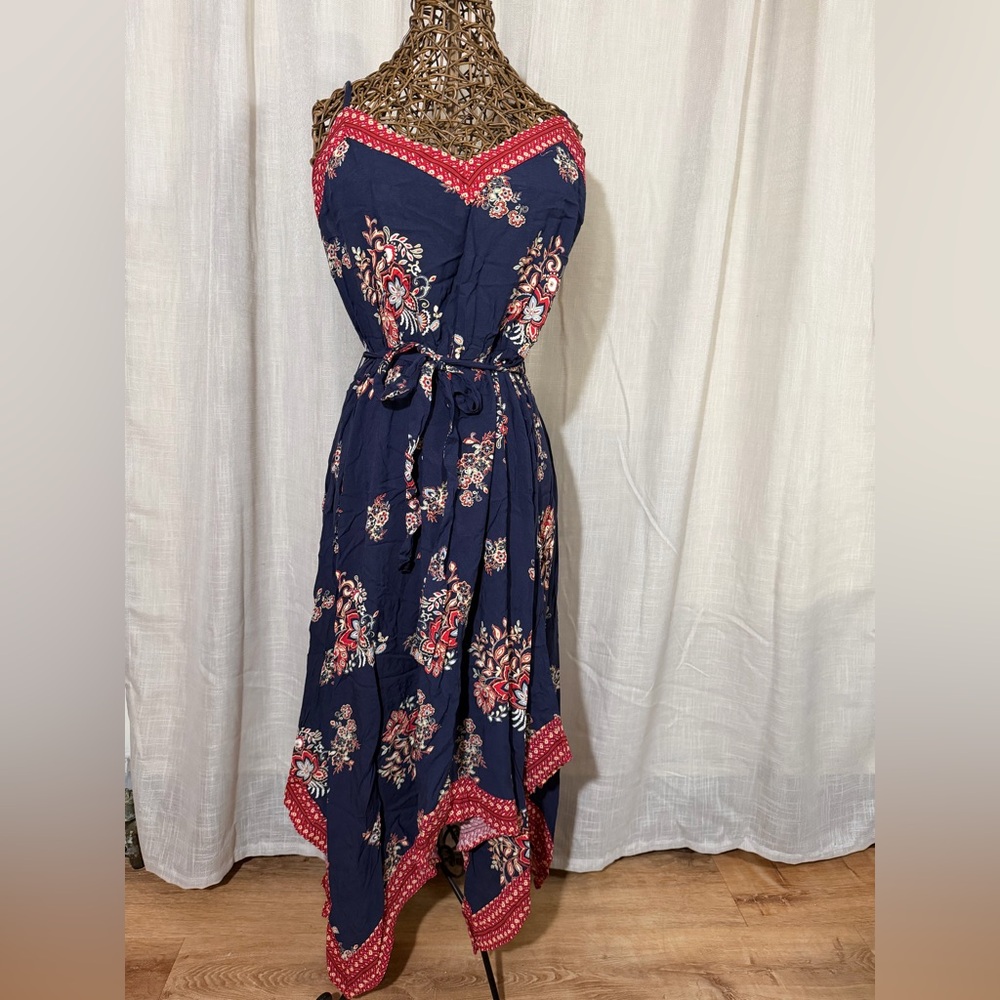NWT! Floral Navy and Red Women's Handkerchief Hem Dress, Size XL
